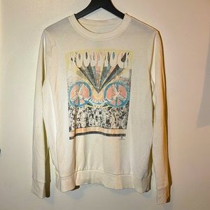 White Woodstock Music Festival Peace Sign Graphic Faded Sweatshirt Size L